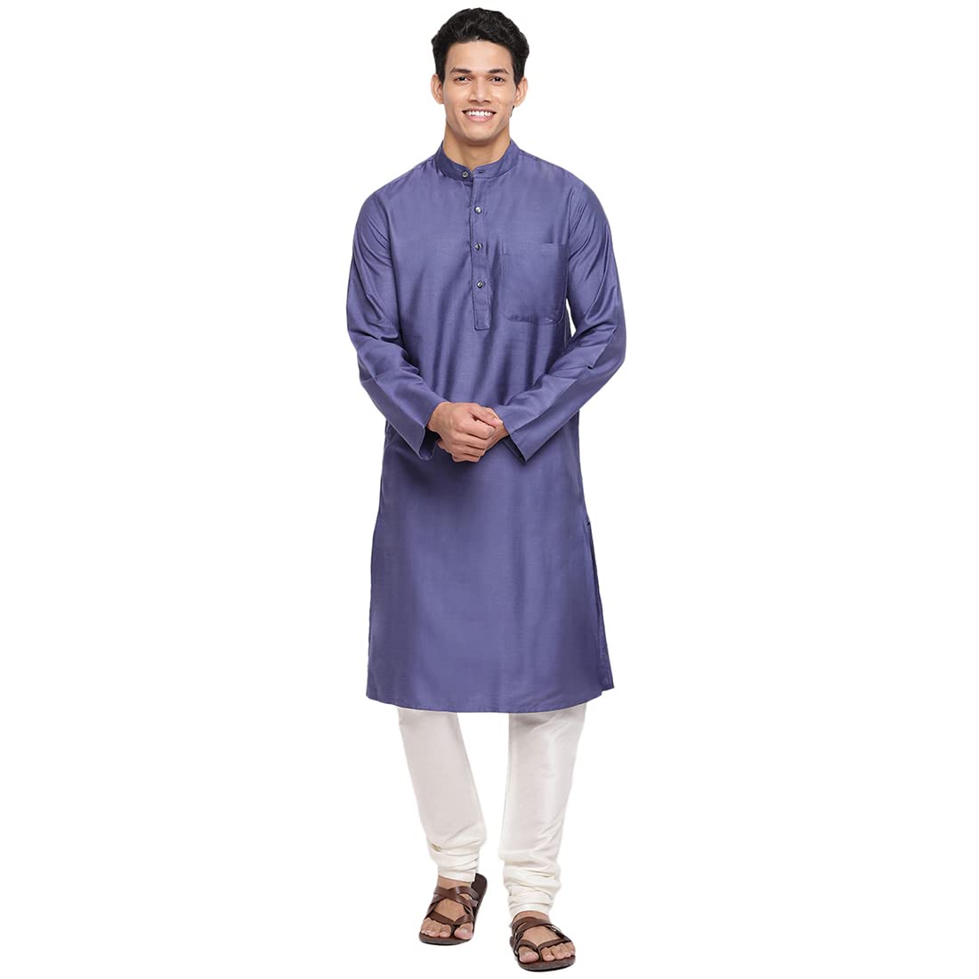 Fabindia MenS Viscose Silk Woven Slim Kurta (102591103_Blue