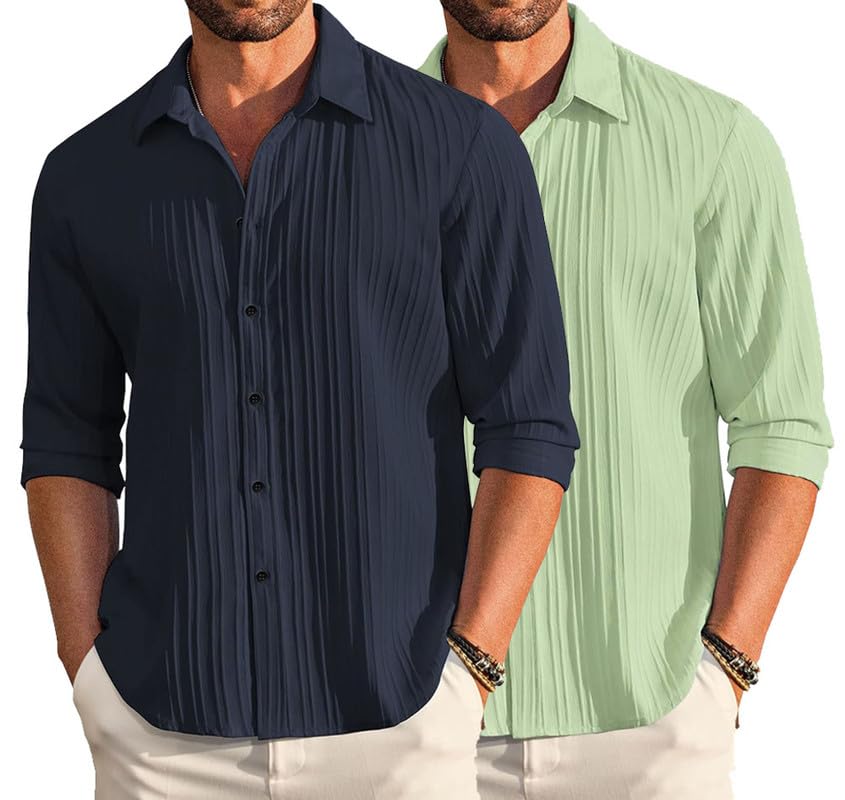 Deelmo Combo Of MenS Casual Button Down Shirts Long Sleeve Linen Shirt Fashion Textured Summer Shirts Pack Of 2
