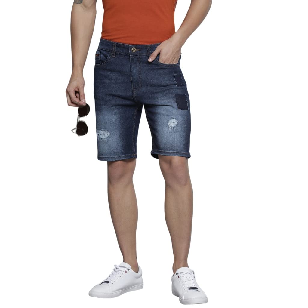 The Indian Garage Co Men Slim Fit Contrast Patchwork Mid-Rise Denim Shorts