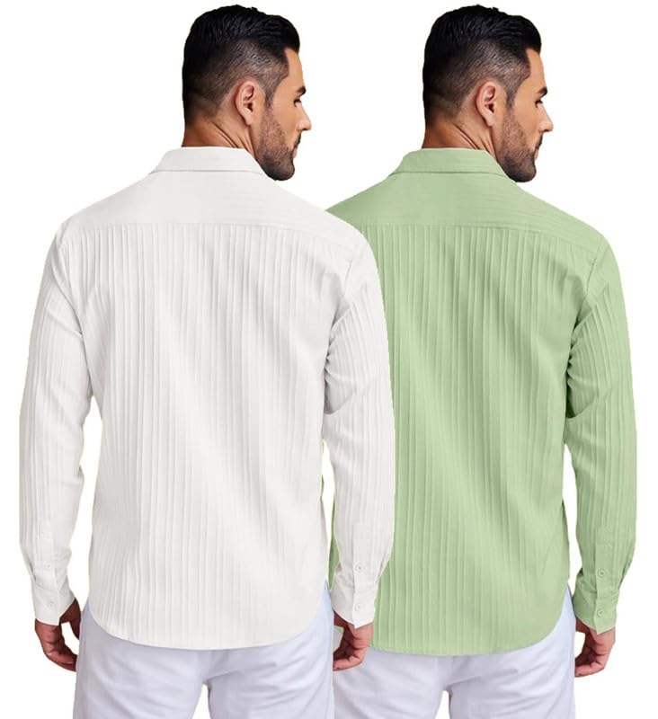 Deelmo Combo Of MenS Casual Button Down Shirts Long Sleeve Linen Shirt Fashion Textured Summer Shirts Pack Of 2
