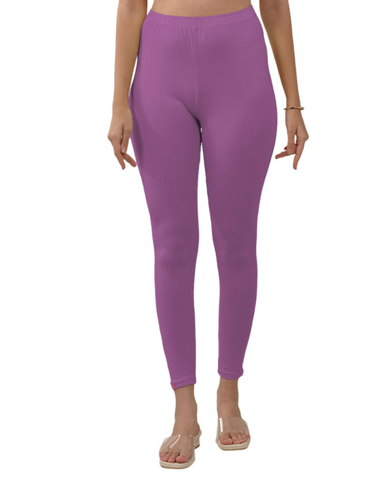 Lyra Women Solid Premium Cotton Lavender Ankle Length Leggings | Mid-Waist | Fashionwear