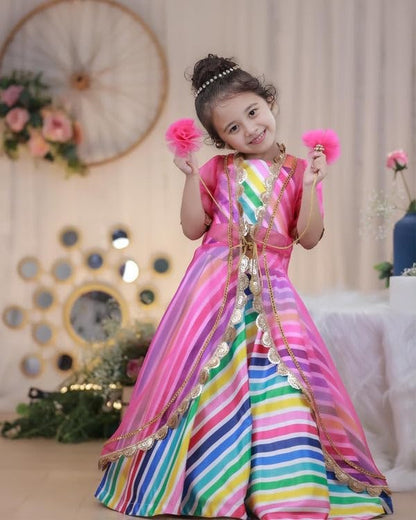 Naixa GirlS Satin Sleeveless Round Neck Pink Shrug With Multicolor Ethnic Printed Readymade Lehenga Choli Set For Every Occasio