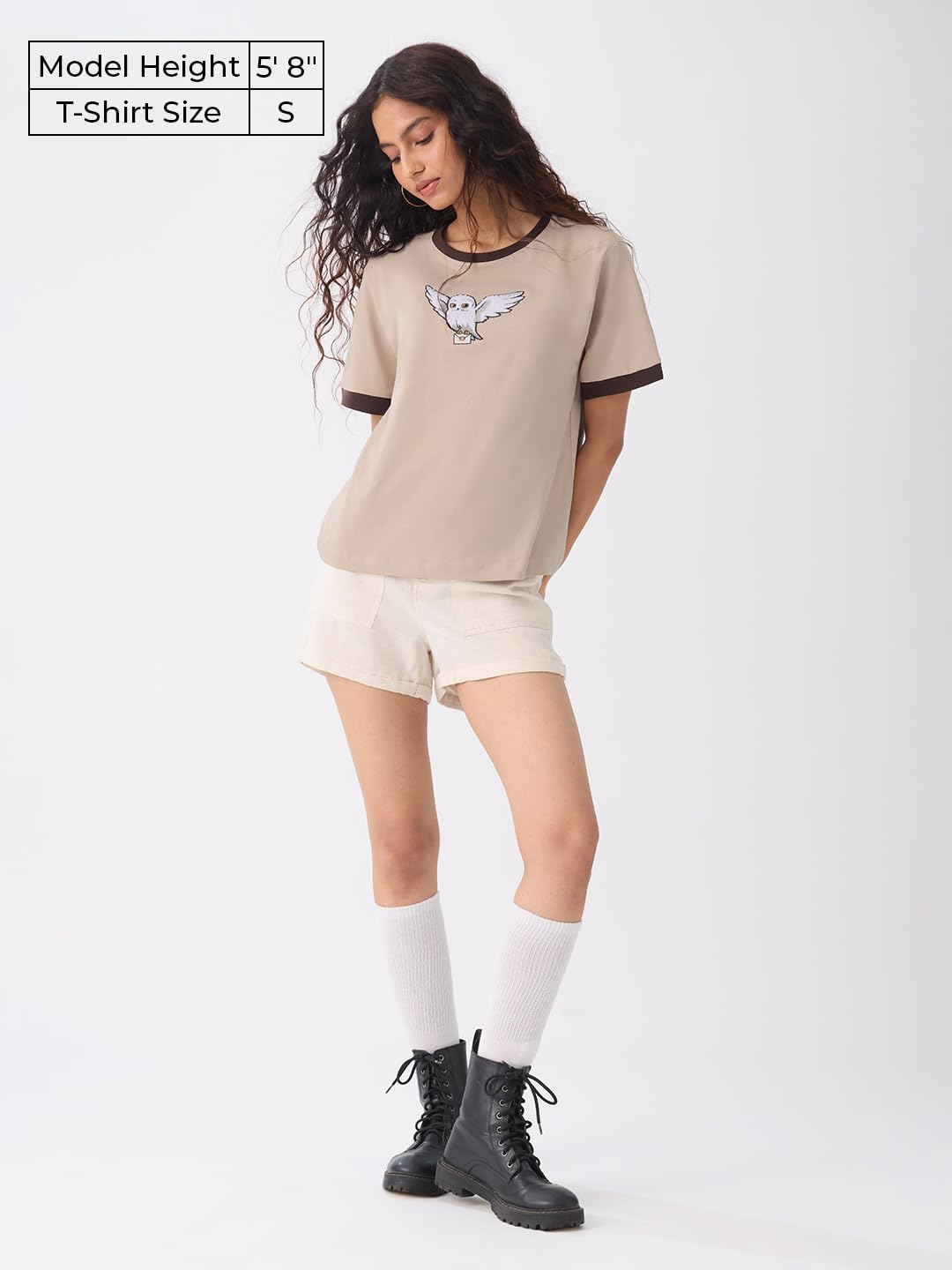 The Souled Store Harry Potter: Hedwig Women and Girls Short Sleeves Round Neck Beige Embroidered Cotton Relaxed Fit T-Shirts