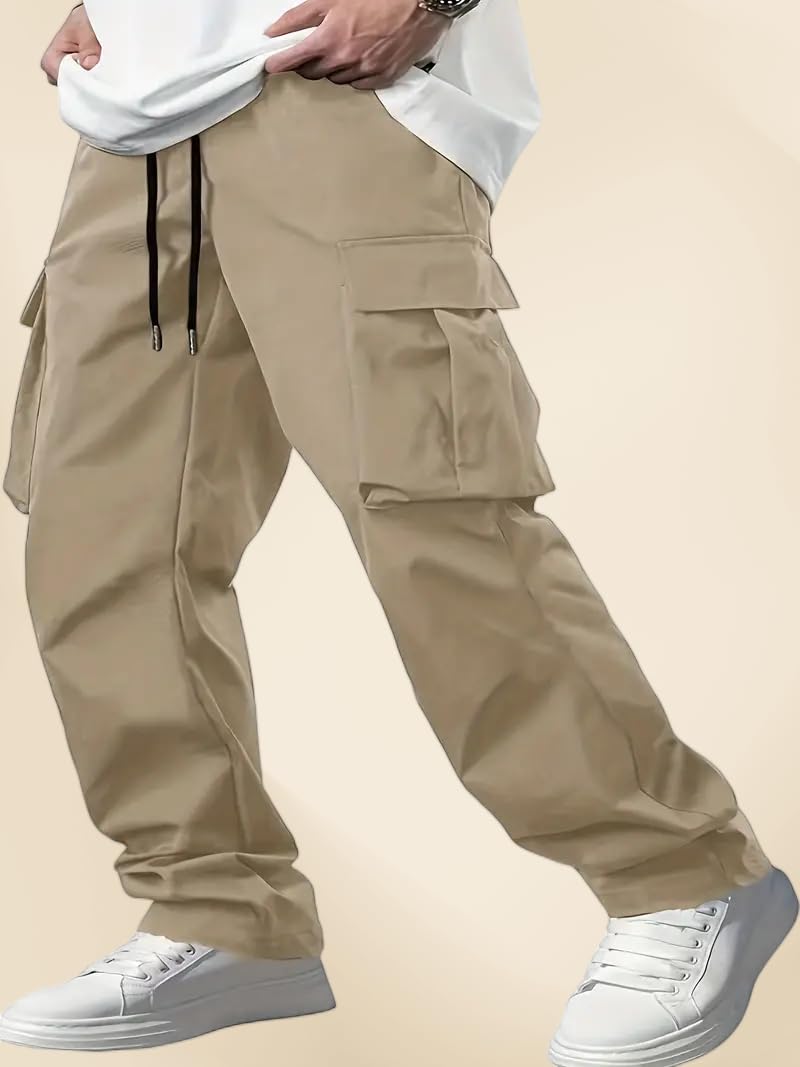 Indoprimo MenS Cotton Trousers Cargo Style With Drawstring Both Side Pockets Solid Pattern Regular Fit And Long Length Cream