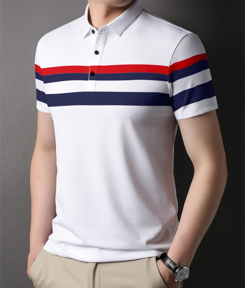 Eyebogler Polo Neck Half Sleeve Striped Print Casual Men Regular Fit Tshirt, Multicolor