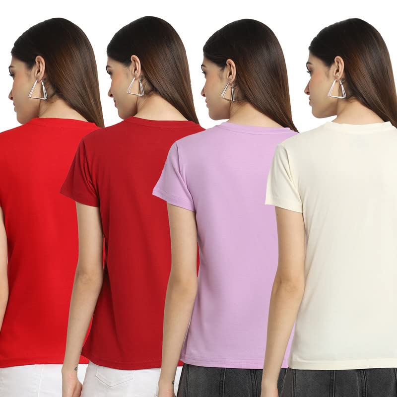 Preneum Womens Cotton Regular Fit Latest Graphic Stylish Printed Short Sleeves Casual T-Shirt (Pack 4), Red & Red & Purple & Of