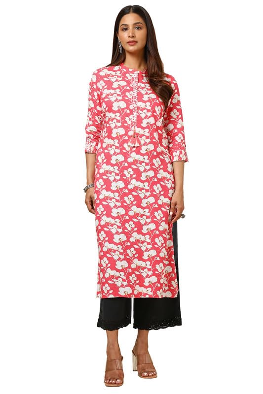 Soch Womens Pink Rayon Floral Print Kurta With Faux Mirror