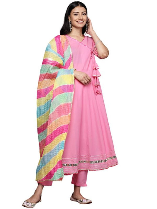 Varanga Women Pink Flared Angrakha Kurta Set with Multi Colour Leheriya Dupatta