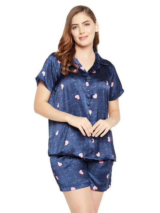 Clovia Womens Satin Printed Shirt & Shorts Set (LS5141O08_Navy Blue_XL)