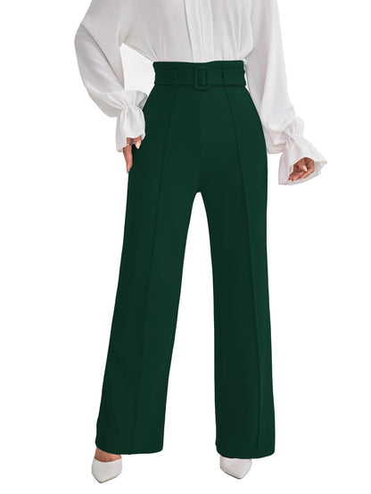 Shasmi Womens Dark Green Solid Color High Waisted Belted Toothpick Stripe Design Straight Loose Casual Women Pants, Minimalist