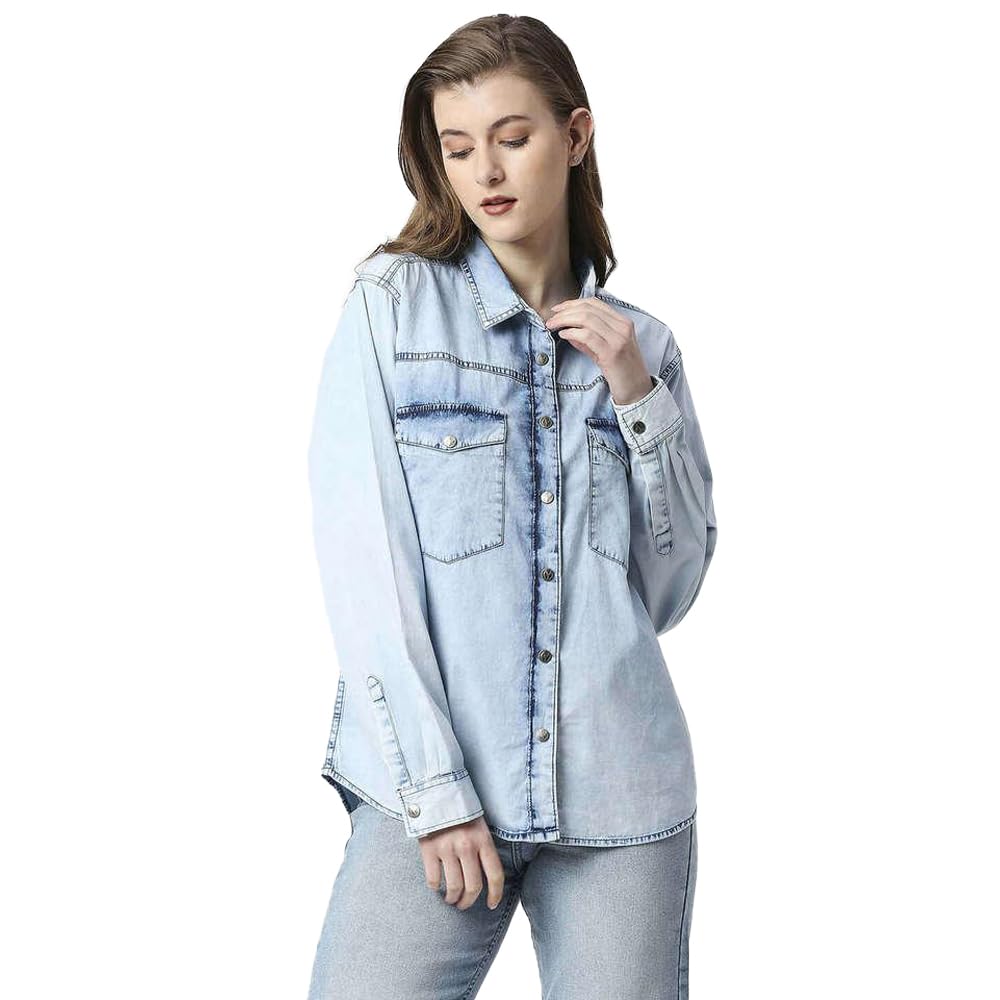 Pepe Jeans Solid Cotton Collar Neck WomenS Shirt (Blue, Large)