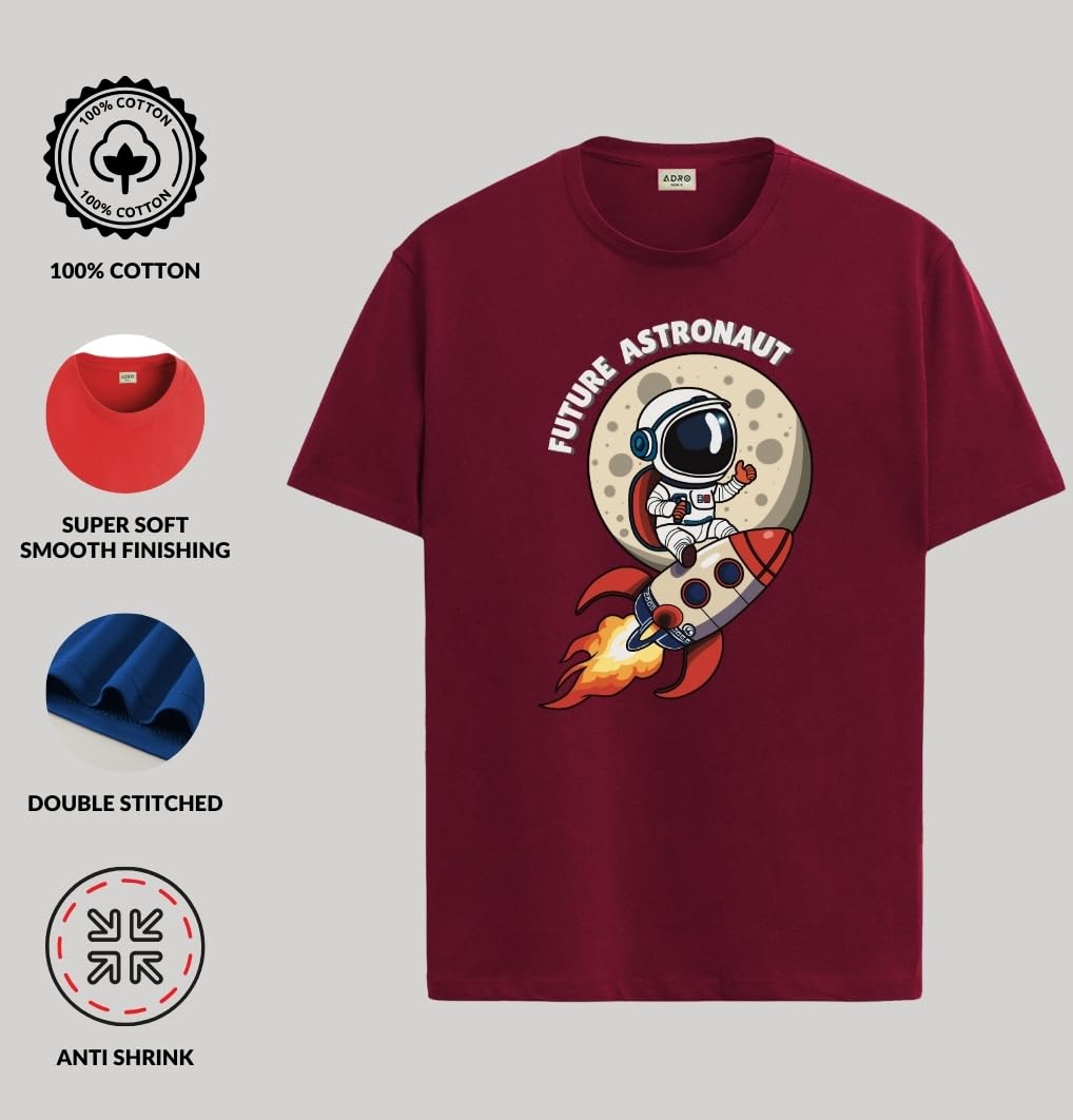 ADRO T Shirts for Boys & Girls | Astronaut Printed T-Shirt | Ages 3-14 | 100% Cotton Round Neck Tshirt for Boys |KRN-L2-ASTRO-MR