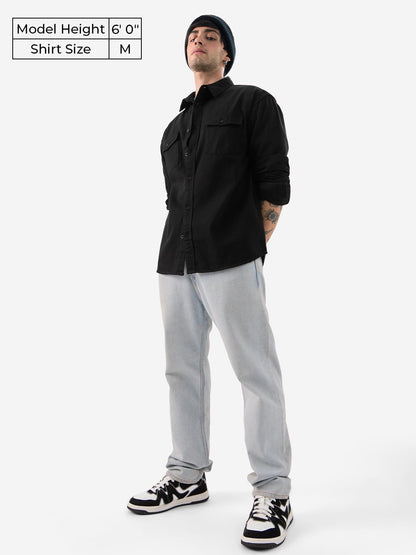The Souled Store Solids: Mystic Black Men and Boys Long Sleeve Collared Neck Button Front Solid Regular Fit Cotton Utility Shirt