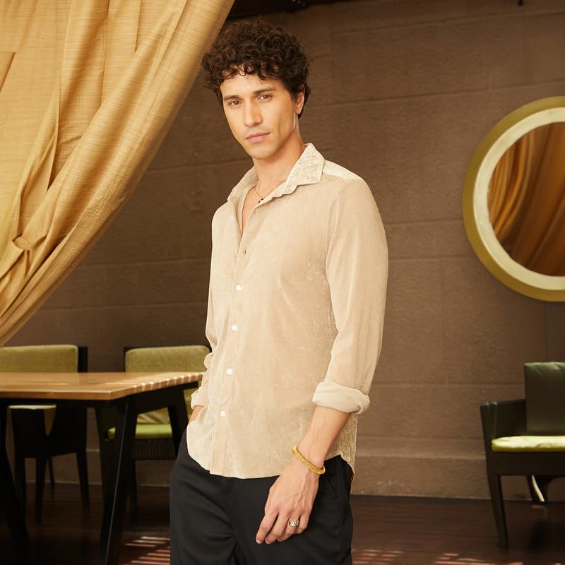 Campus Sutra Mens Buff Beige Solid Velvet Shirt for Casual Wear | Spread Collar | Long Sleeve | Button Closure | Shirt Crafted