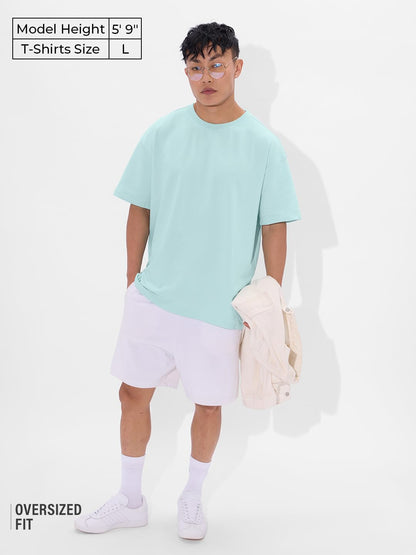 The Souled Store Solids: Sea Blue Men and Boys Short Sleeves Round Neck Cotton Oversized T-Shirts