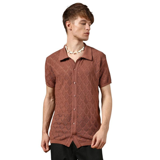 Campus Sutra Mens Sienna Brown Rhombus-Knit Slim-Fit Shirt for Casual Wear | Polo Neck | Short Sleeve | Button Closure | Shirt