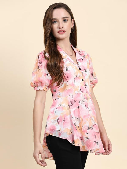Toochki Womens Pink Georgette Floral Peplum Western Top | Winter Top | Western Top | Top for Women | Latest Women Top | Trendy