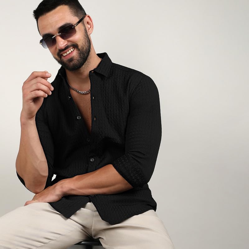 Campus Sutra Mens Onyx Black Chain-Creased Shirt for Casual Wear | Spread Collar | Long Sleeve | Button Closure | Shirt Crafted
