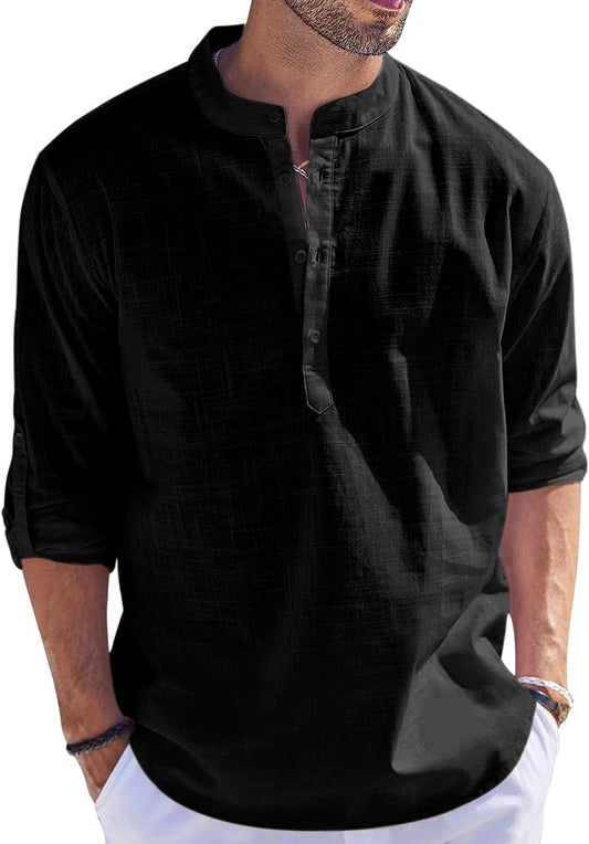 Hemrin Men Solid Cotton Blend Straight Kurta Shirt Black