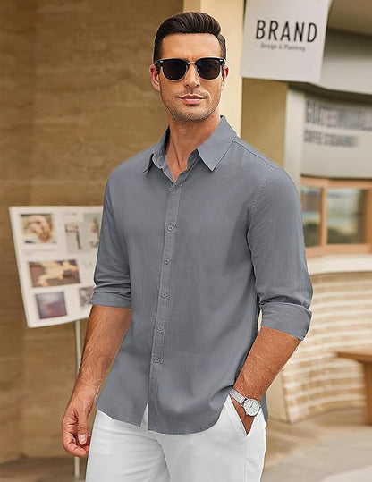 CB-COLEBROOK Mens Long Sleeve Button Down Shirts Casual Cotton Linen Shirts Summer Beach Shirt for Mens Top (in, Alpha, 2XL, Re