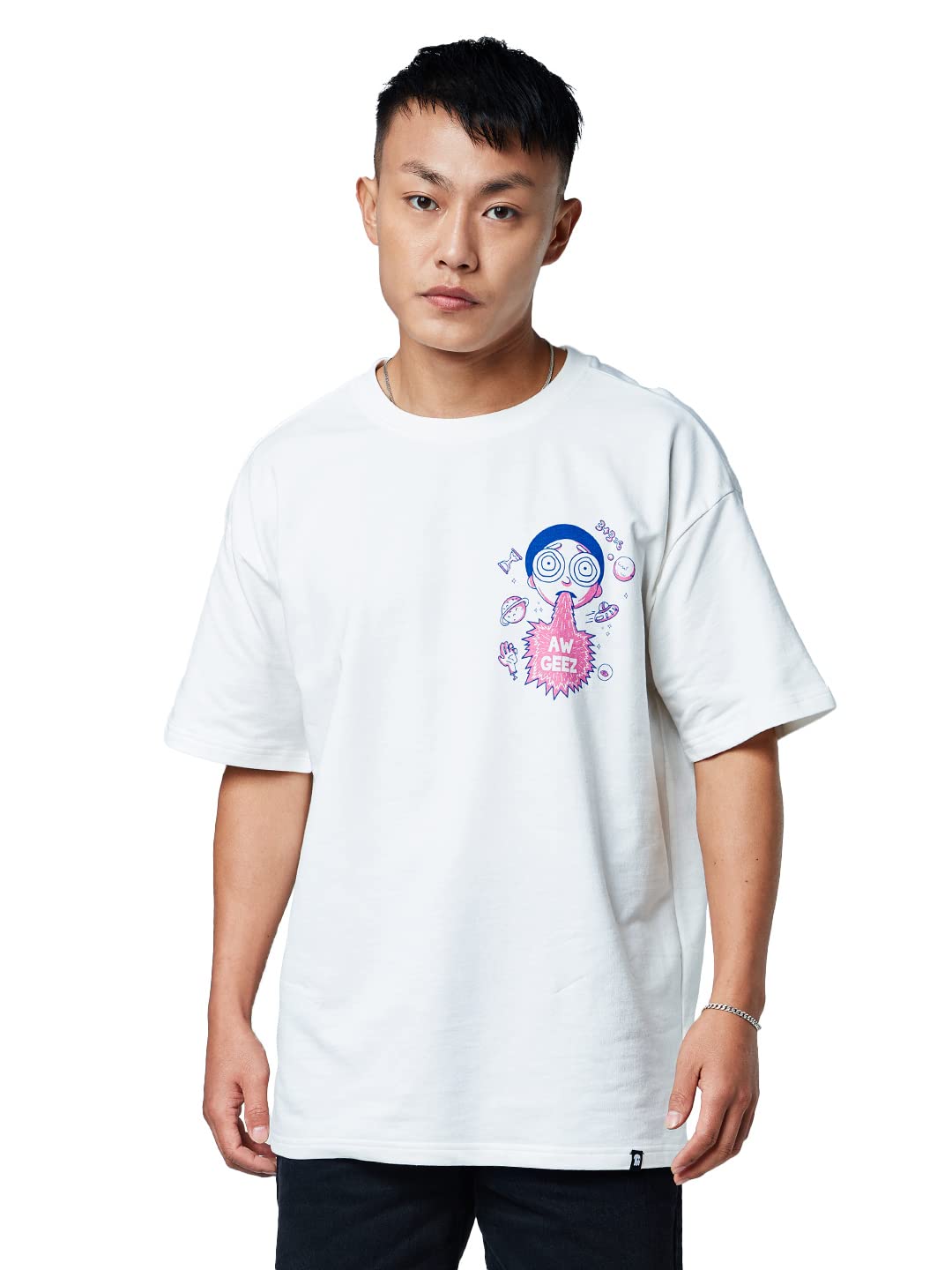 The Souled Store Official Rick and Morty: Aw GeezWhite Oversized T Shirts for Men Baggy Off-Shoulder Loose Fit Relaxed Drop Shou