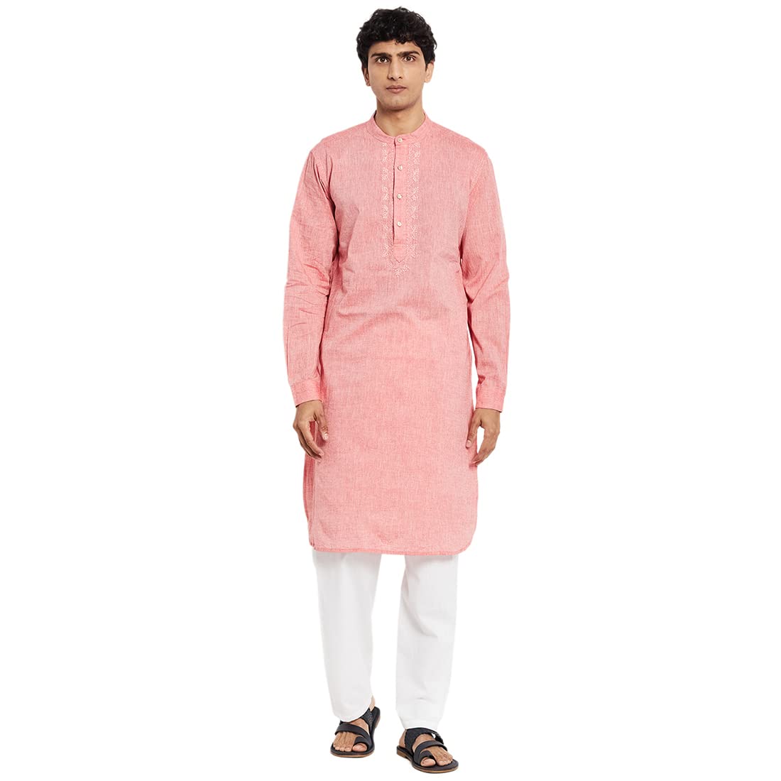 Fabindia Men Chikankari Slim Fit Long Kurta With Cuff Cotton_S Red