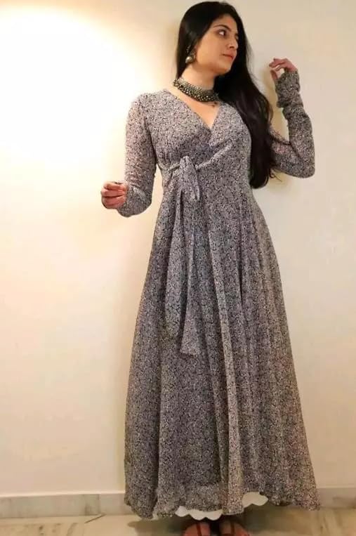 Trillmixa WomenS Georgette Stylish V-Neck Fit-Flare Maxi-Length Dress(Keri-T) Grey