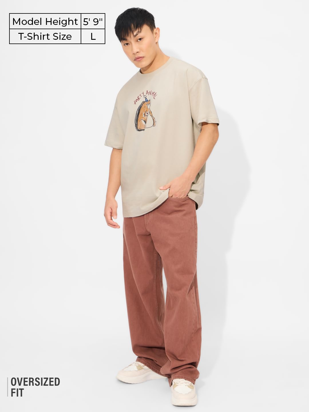 The Souled Store Party Animal Men and Boys Short Sleeves Round Neck Brown Graphic Printed Cotton Oversized T-Shirts