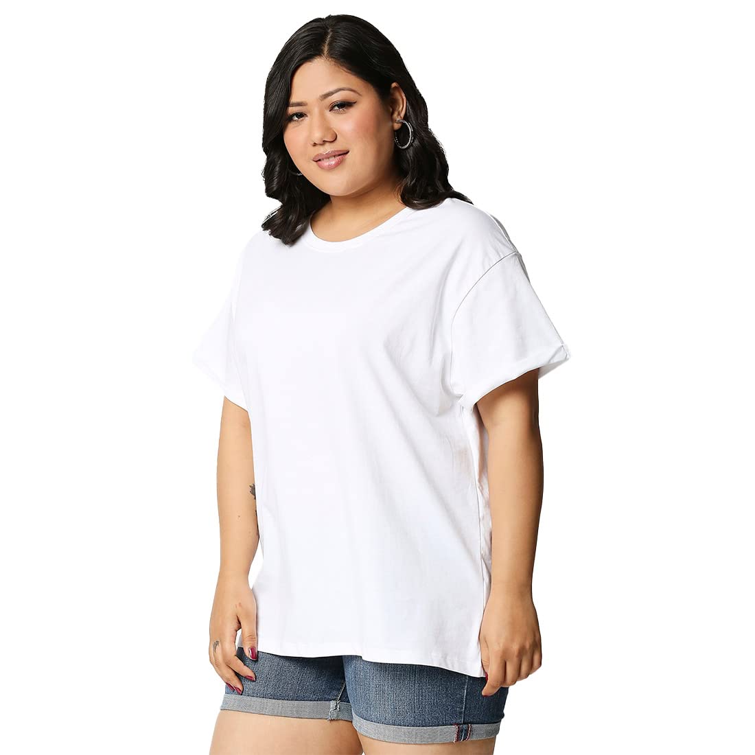 Bewakoof Womens Solid 100% Cotton Plus Size T-Shirt - Boyfriend Fit, Round Neck, Half Sleeve
