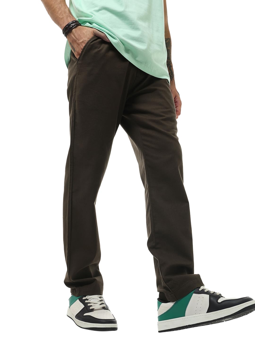 Bewakoof MenS Solid Straight Fit Cotton Linen Blend Casual Pants_628740_Brown_2Xl
