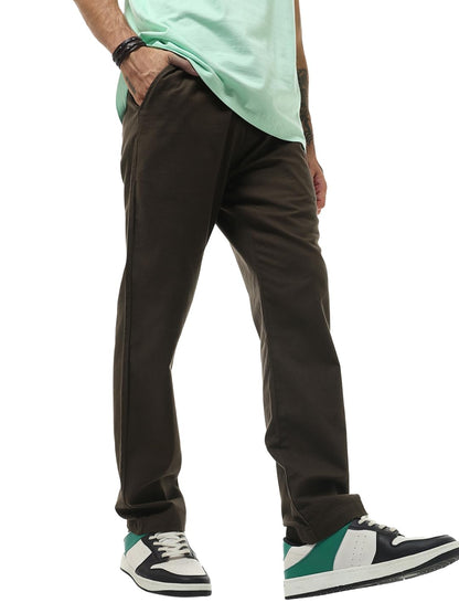 Bewakoof MenS Solid Straight Fit Cotton Linen Blend Casual Pants_628740_Brown_2Xl