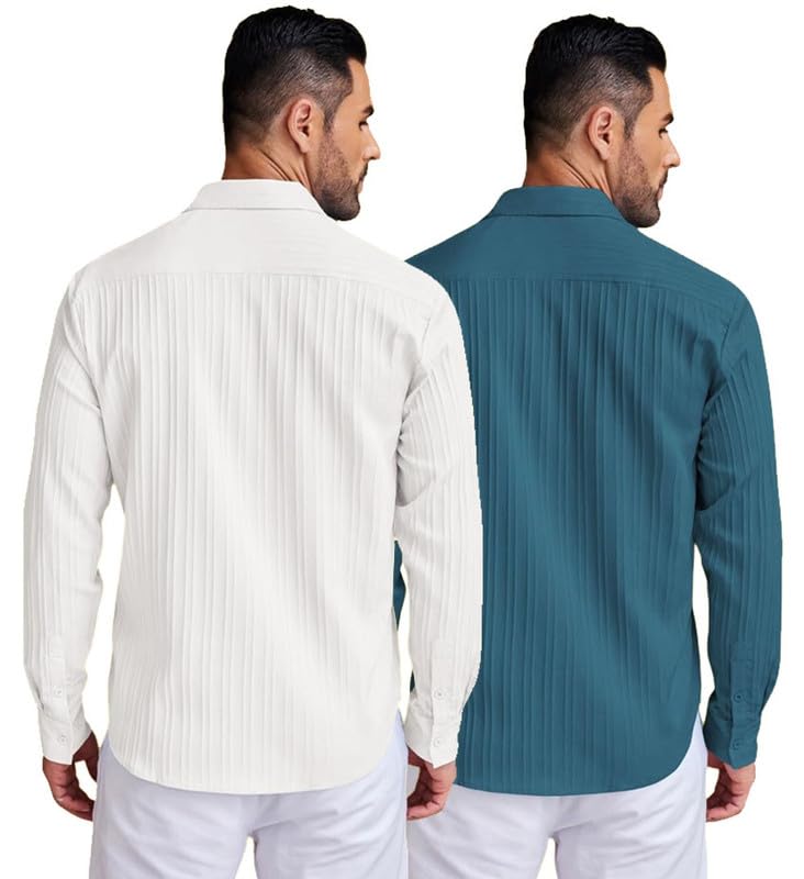 Deelmo Combo Of MenS Casual Button Down Shirts Long Sleeve Linen Shirt Fashion Textured Summer Shirts Pack Of 2
