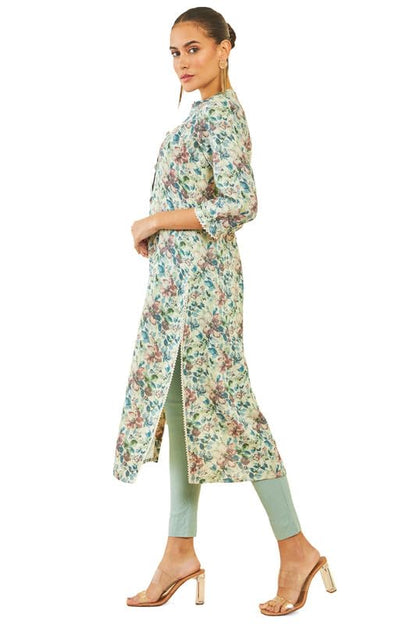 Soch Womens Beige Linen Kurta with Floral Print
