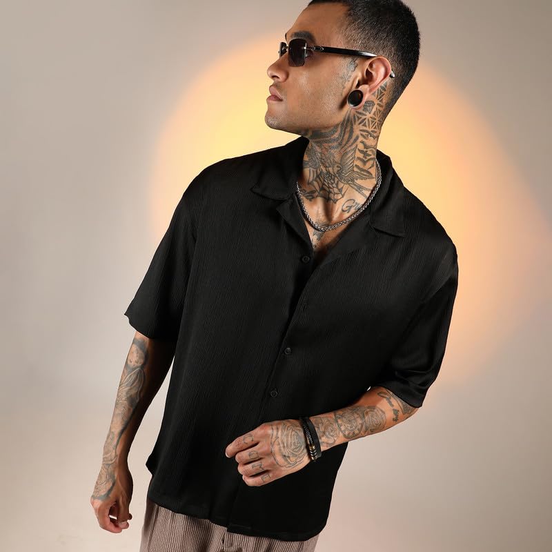 Campus Sutra Mens Onyx Black Solid Crinkle Oversized Shirt for Casual Wear | Cuban Collar | Short Sleeve | Button Closure | Ove