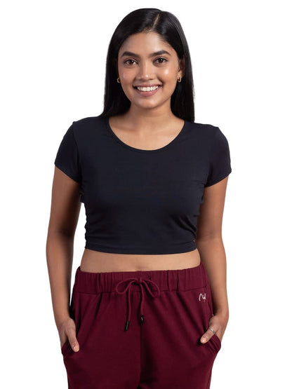 Nykd Stylish Crop Top For Women Wester Wear Short/Cap Sleeve, Round Neckline, Soft Modal Fabric T-Shirts & Tanks, Nyoe011, Jet B