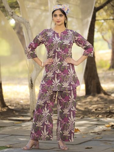Pinkmint Womens Pure Cotton Co Ord Set l Flower Printed Co Ord Set l Stylish Pocket & 3/4 Sleeve Women Co-ord Set Purple