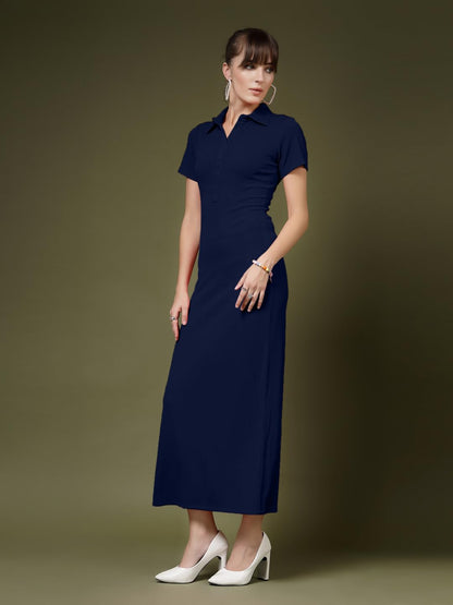 Oomph! WomenS Western & Fusion Wear Stretchable Ribbed Lycra Shirt Dress For Women, Bodycon, Dark Blue - Md1009