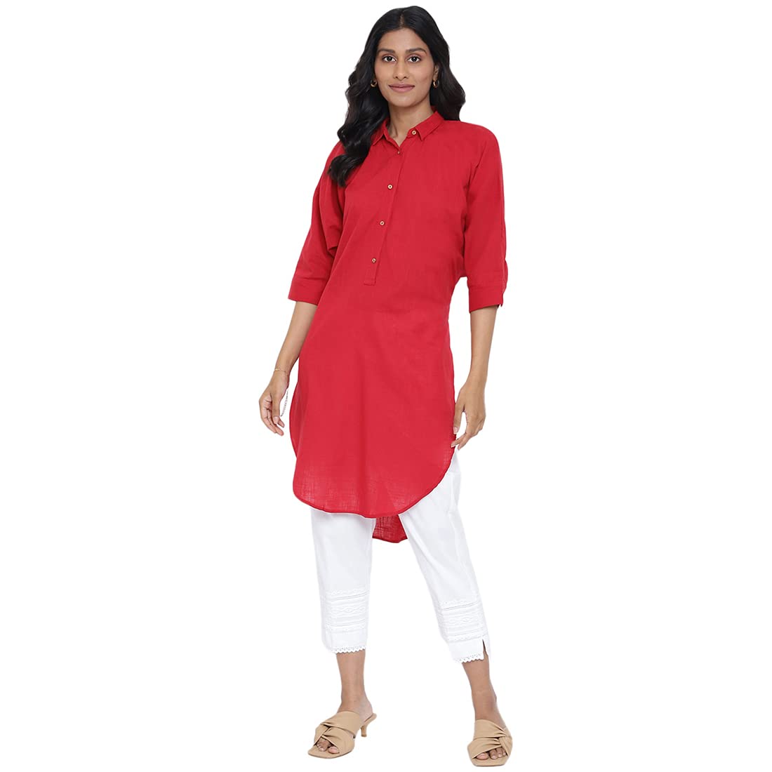 Fabindia Women Lapel Collar Dress Cotton_M Red