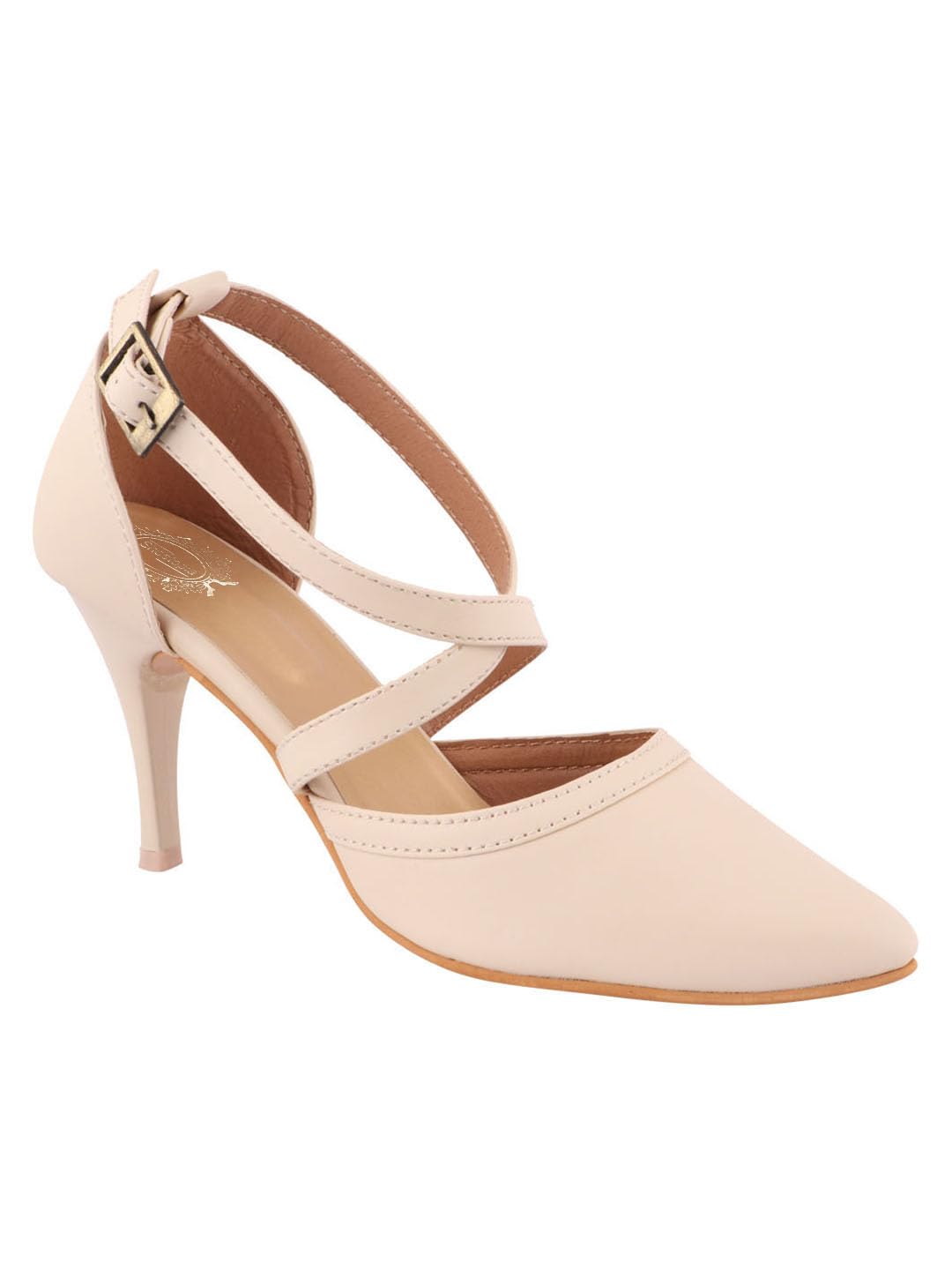 Shoetopia WomenS Cream Patent Leather Heels || Cross Strap Closed Toe Pumps With Buckle || Stylish High Heel Perfect For Office