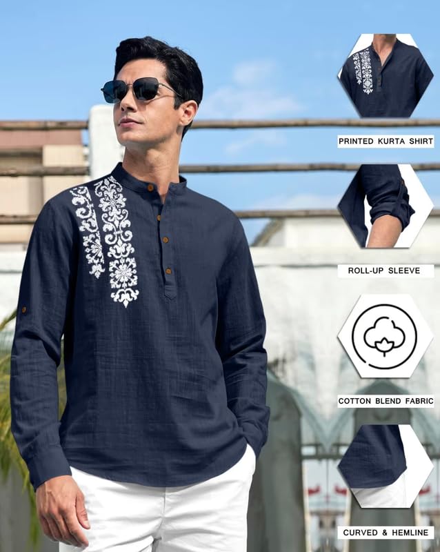 Finivo Fashion MenS Cotton Blend Short Kurta Shirt | Casual Ethnic Wear With Roll-Up Sleeves & Mandarin Collar | Comfortable Fi