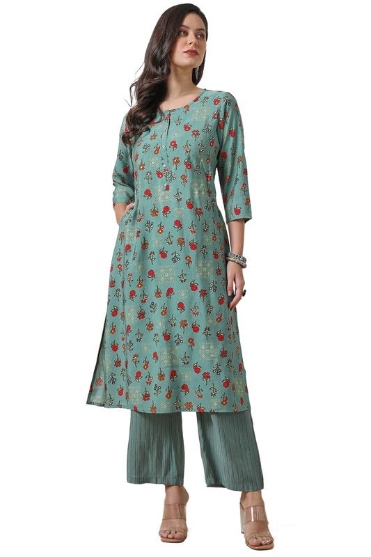 Soch Womens Turquoise Blue Muslin Blend Floral Print Kurta Set With Faux Mirror