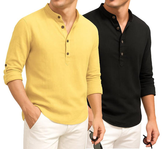 Deelmo Combo Of MenS Cotton Blend Solid Regular Fit Full Sleeve Short Kurta | MenS Trendy Short Kurta Pack Of 2 Yellow - Black