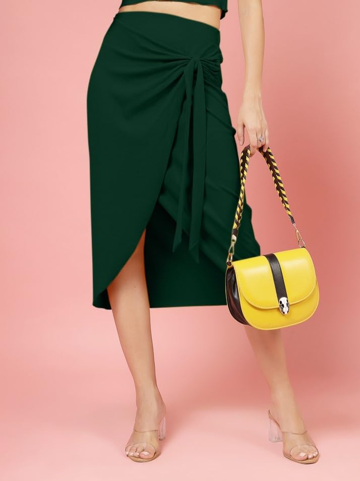 OOMPH! Stertchable Ribbed Wraparound Lycra Skirt for Women Green - msk092