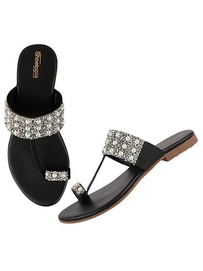 Shoetopia Womens/Girls Black Open Back One Toe Flats