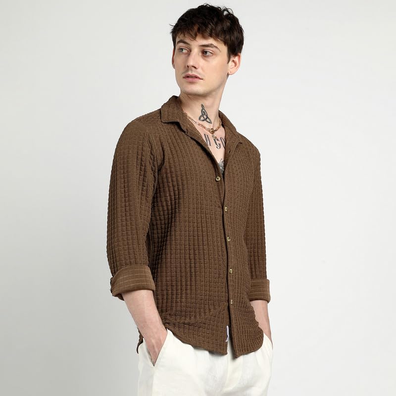 Campus Sutra Mens Chocolate Brown Cube-Textured Shirt for Casual Wear | Spread Collar | Long Sleeve | Button Closure | Shirt Cr