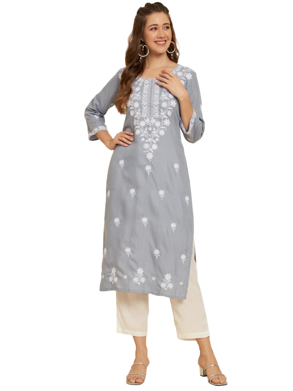 Ekasya WomenS Soft Cotton Slub Straight Cut Round Neck Kurta With Beautiful Floral Embroidery Work (E1572) Grey