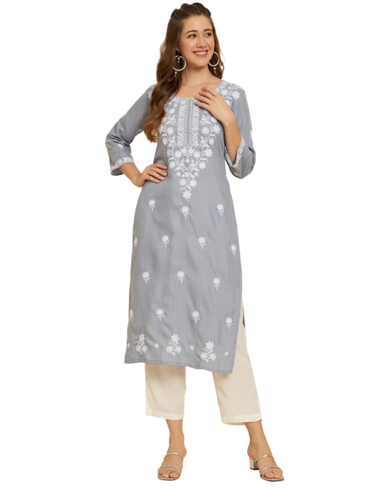 Ekasya WomenS Soft Cotton Slub Straight Cut Round Neck Kurta With Beautiful Floral Embroidery Work (E1572) Grey