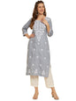 Ekasya WomenS Soft Cotton Slub Straight Cut Round Neck Kurta With Beautiful Floral Embroidery Work (E1572) Grey