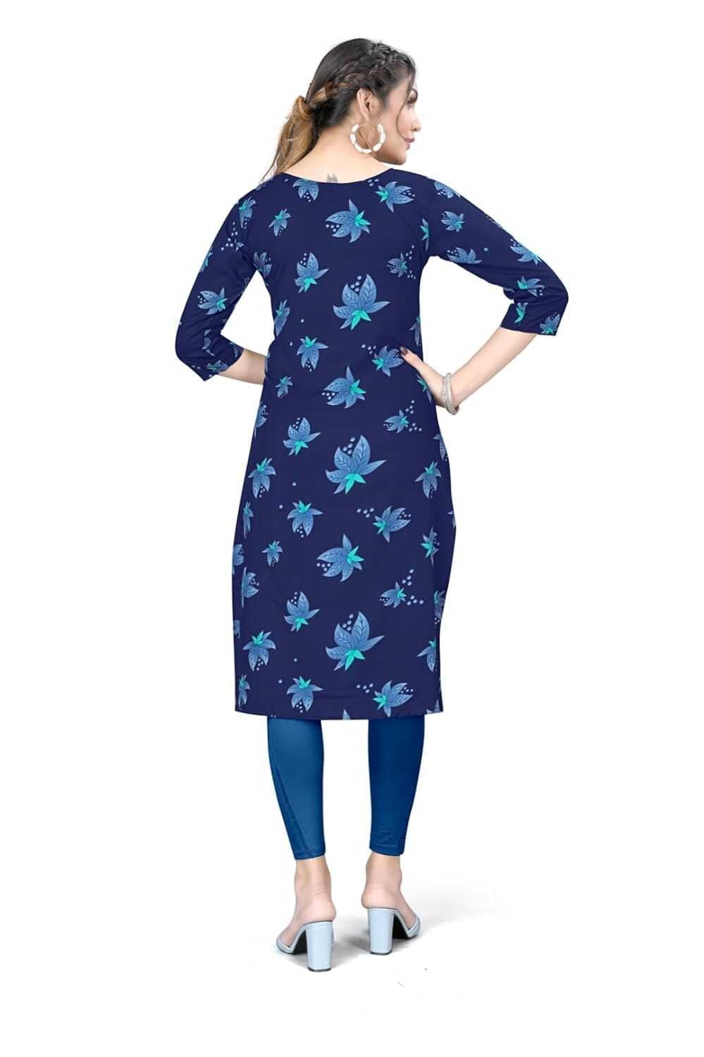 Patlani WomenS A-Line-Calf Langth Half Sleeve Crepe Kurti. Blue