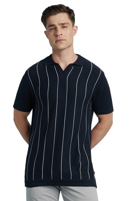 Dennis Lingo Men Cotton Regular Fit Striped T-Shirts Navy Blue